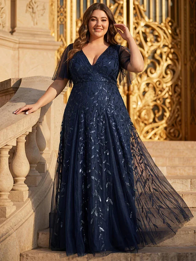 Vestido de Invitada de Boda Largo Elegante Tallas Grandes con Escote en V