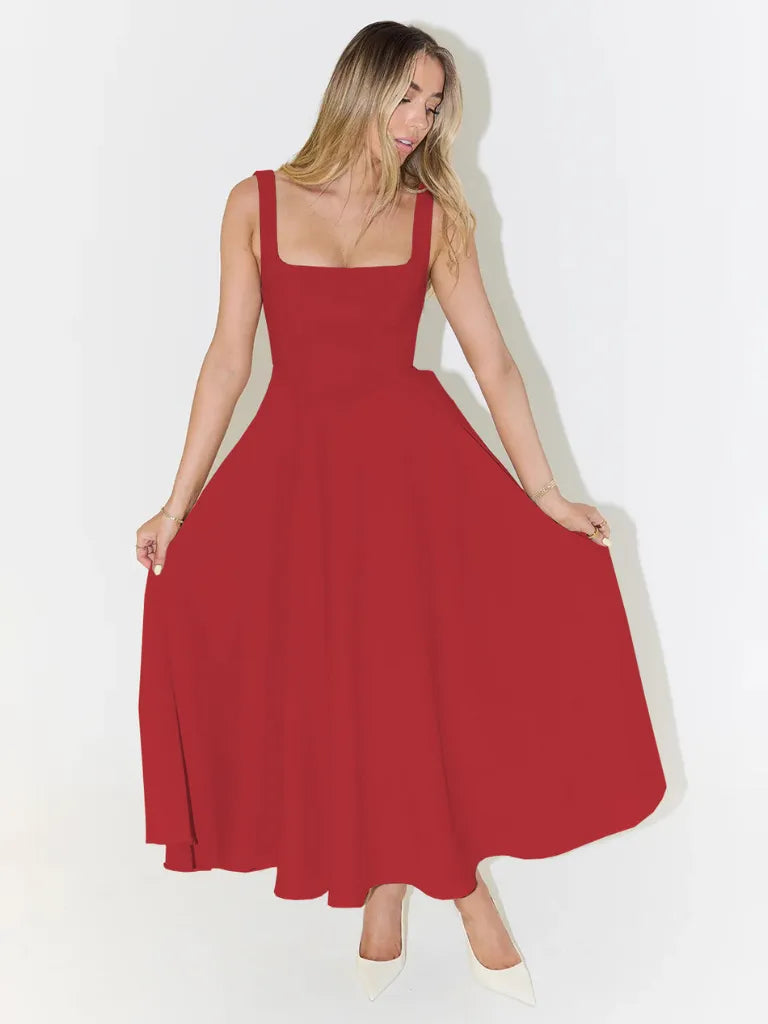 Vestido de Invitada de Boda Largo Elegante Verano con Cuello Cuadrado