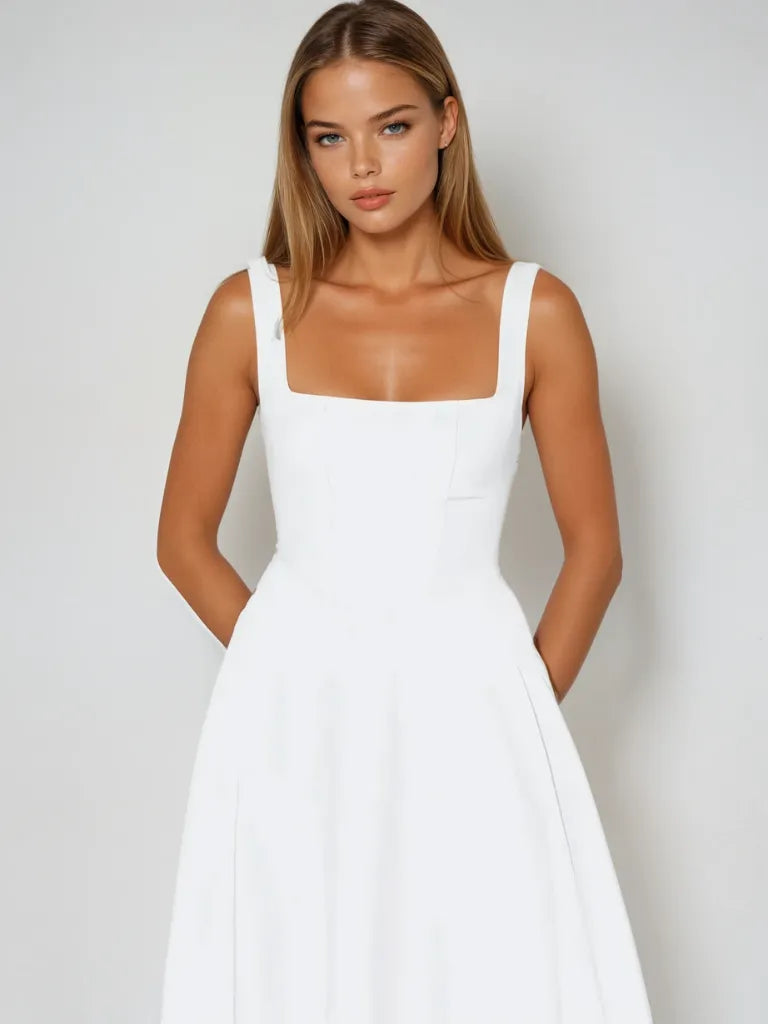 Vestido de Invitada de Boda Largo Elegante Verano con Cuello Cuadrado