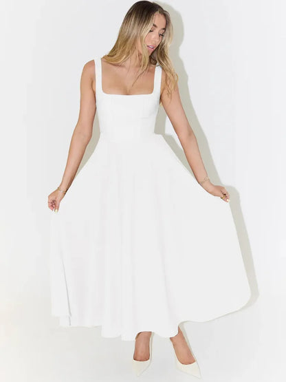 Vestido de Invitada de Boda Largo Elegante Verano con Cuello Cuadrado