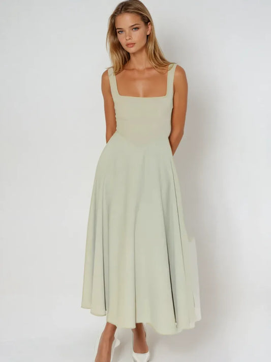 Vestido de Invitada de Boda Largo Elegante Verano con Cuello Cuadrado
