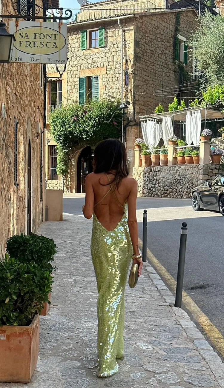 Vestido de Invitada de Boda Largo Elegante Verde con Lentejuelas