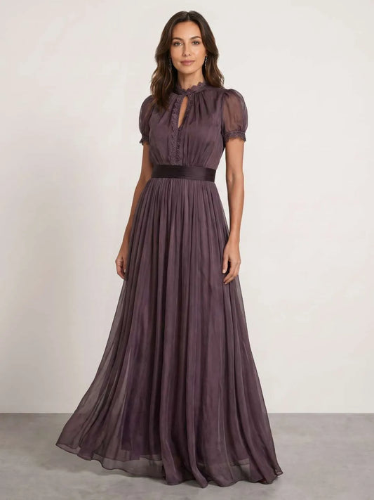 Vestido de Invitada de Boda Largo Elegante Vintage con Manga Corta