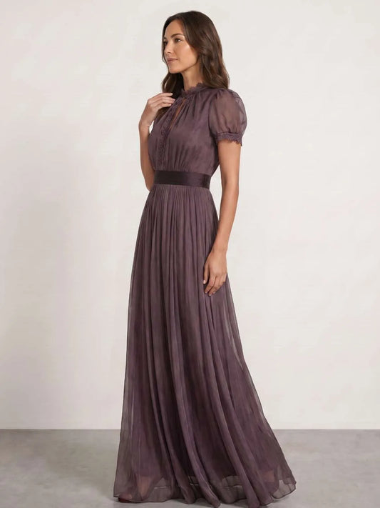 Vestido de Invitada de Boda Largo Elegante Vintage con Manga Corta