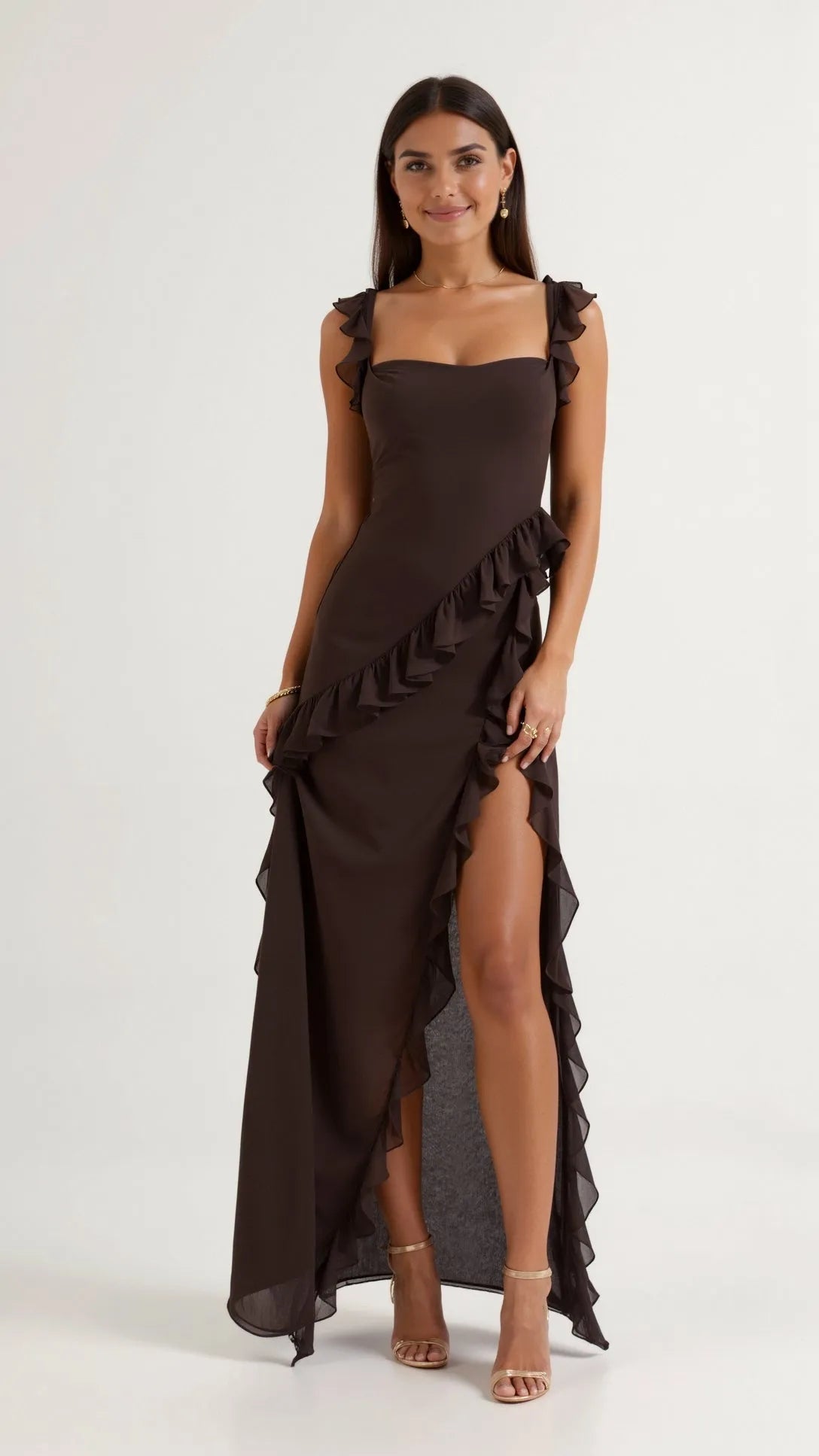 Vestido de Invitada de Boda Largo Elegante Volantes con Abertura