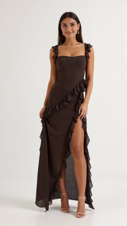 Vestido de Invitada de Boda Largo Elegante Volantes con Abertura