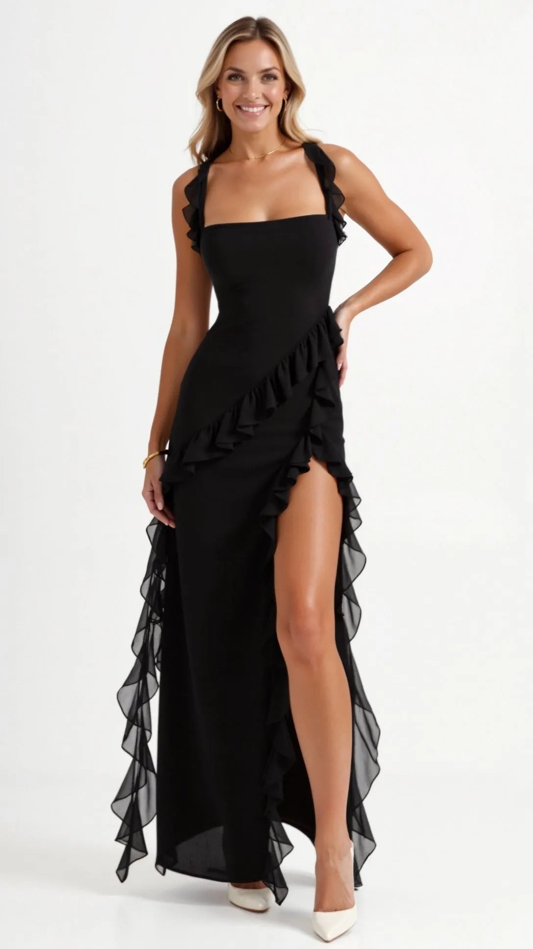 Vestido de Invitada de Boda Largo Elegante Volantes con Abertura