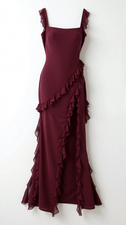 Vestido de Invitada de Boda Largo Elegante Volantes con Abertura