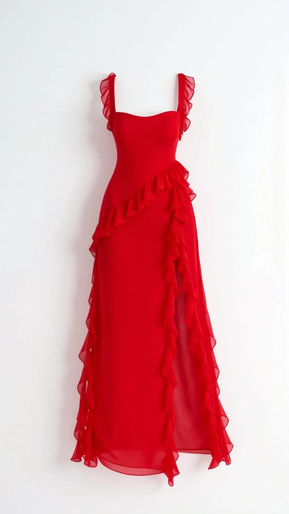 Vestido de Invitada de Boda Largo Elegante Volantes con Abertura