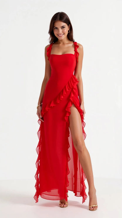 Vestido de Invitada de Boda Largo Elegante Volantes con Abertura