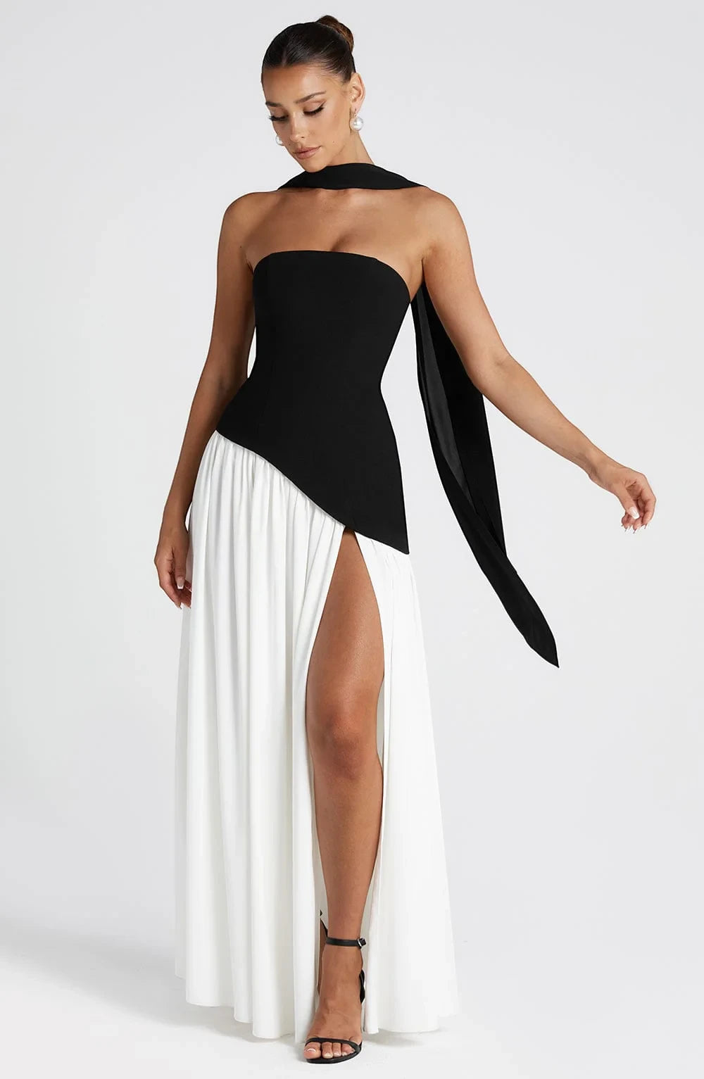 Vestido de Invitada de Boda Largo Elegante con Abertura y Bufanda a Juego