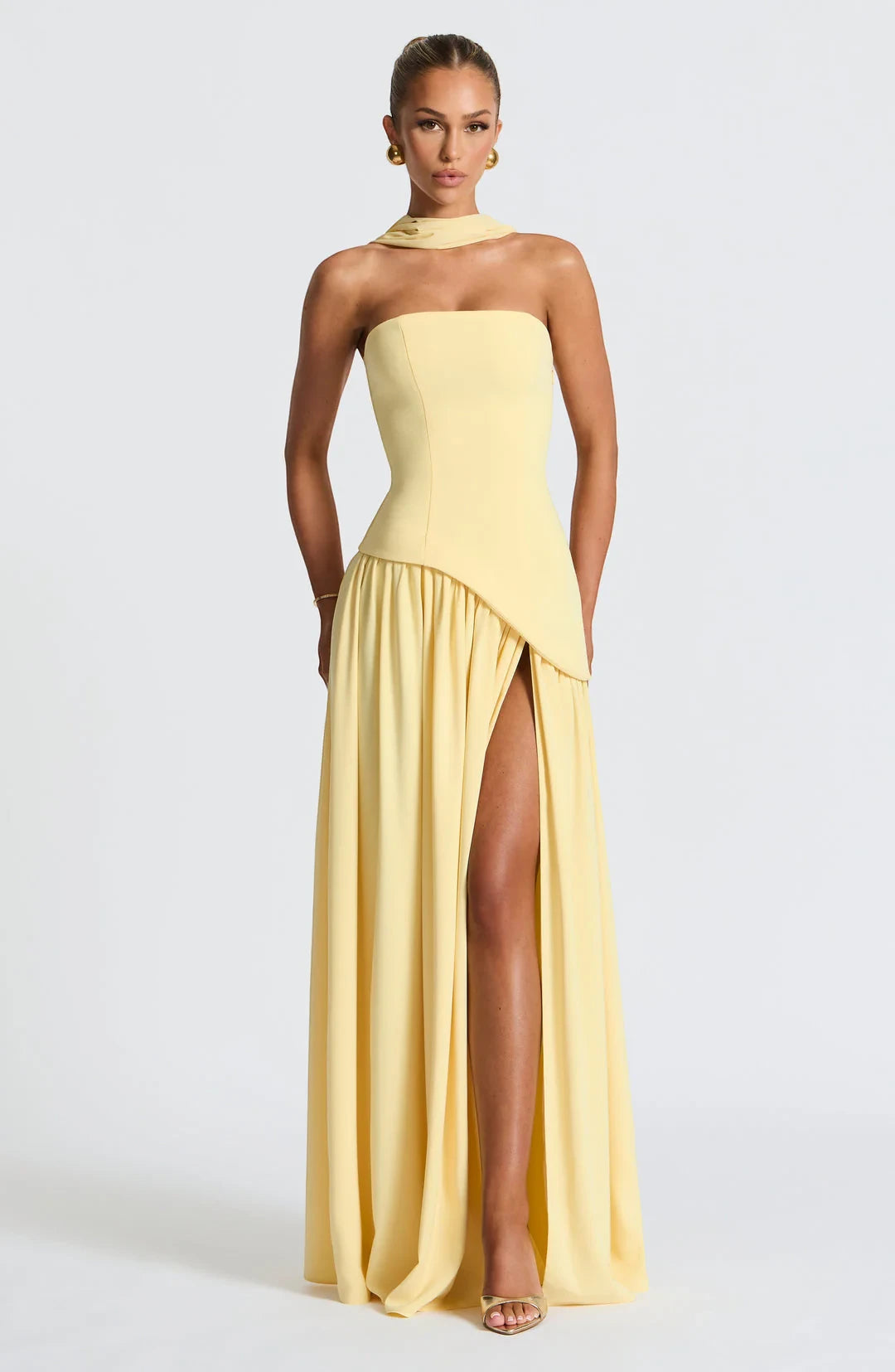 Vestido de Invitada de Boda Largo Elegante con Abertura y Bufanda a Juego