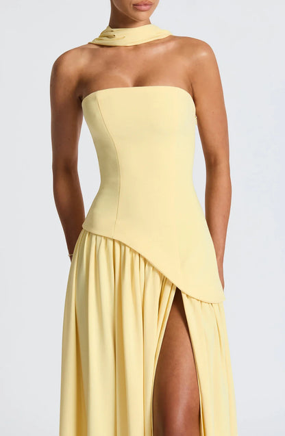 Vestido de Invitada de Boda Largo Elegante con Abertura y Bufanda a Juego