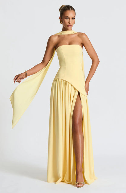 Vestido de Invitada de Boda Largo Elegante con Abertura y Bufanda a Juego