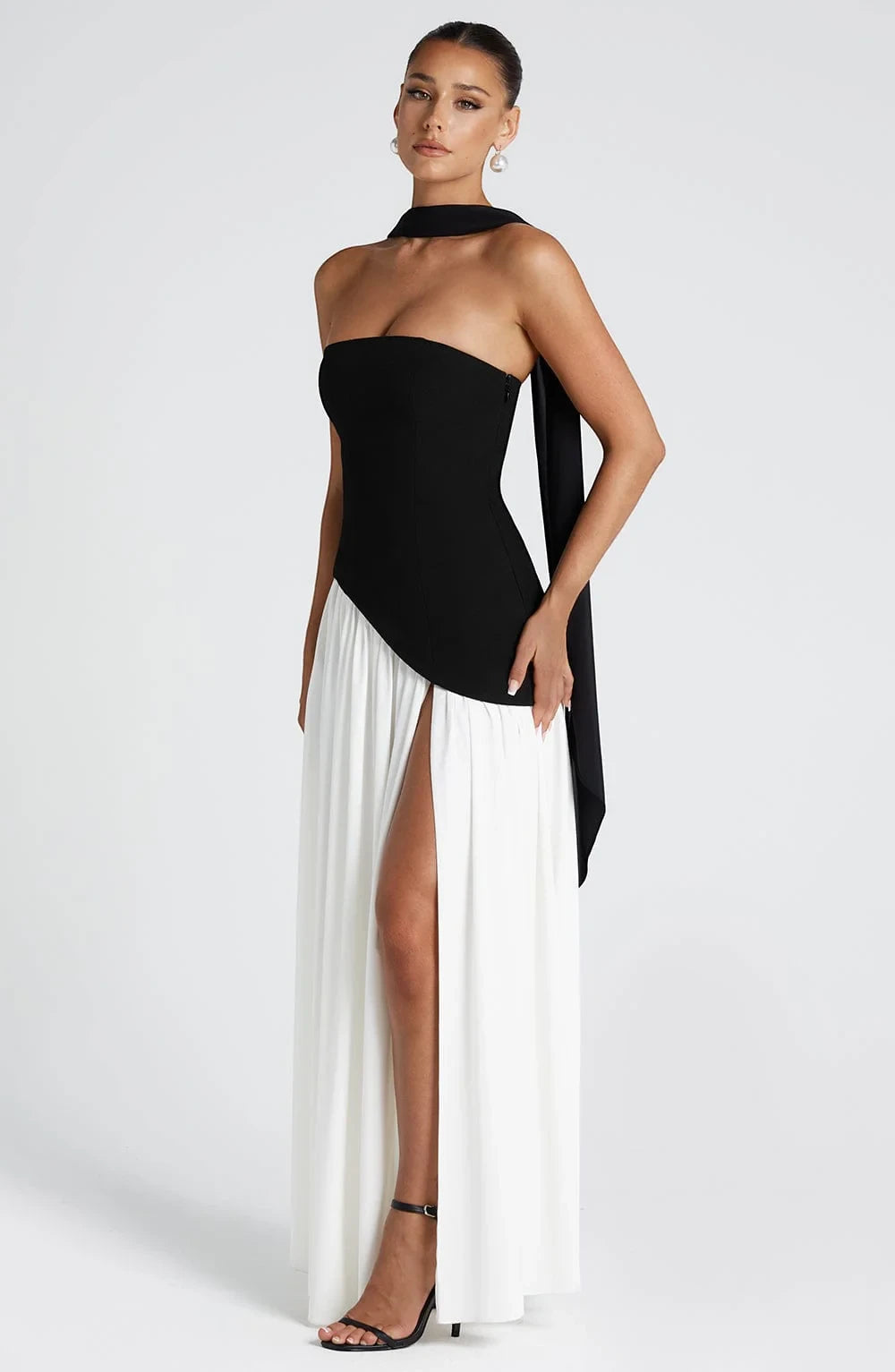 Vestido de Invitada de Boda Largo Elegante con Abertura y Bufanda a Juego