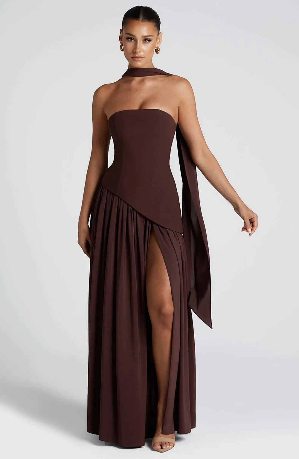 Vestido de Invitada de Boda Largo Elegante con Abertura y Bufanda a Juego
