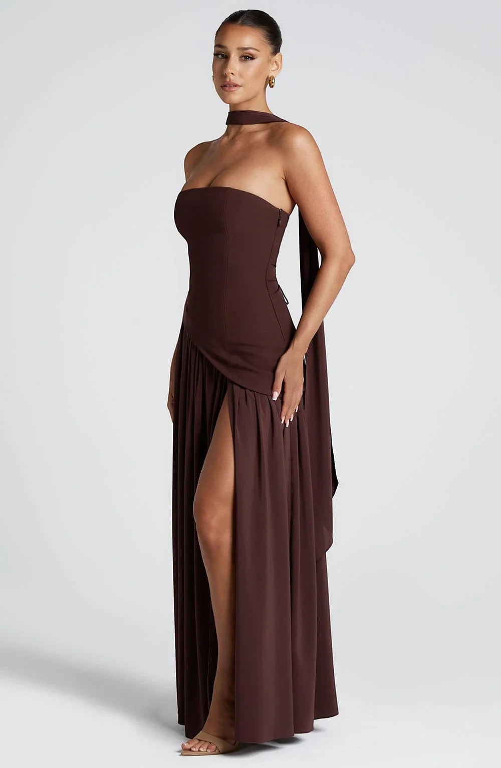 Vestido de Invitada de Boda Largo Elegante con Abertura y Bufanda a Juego