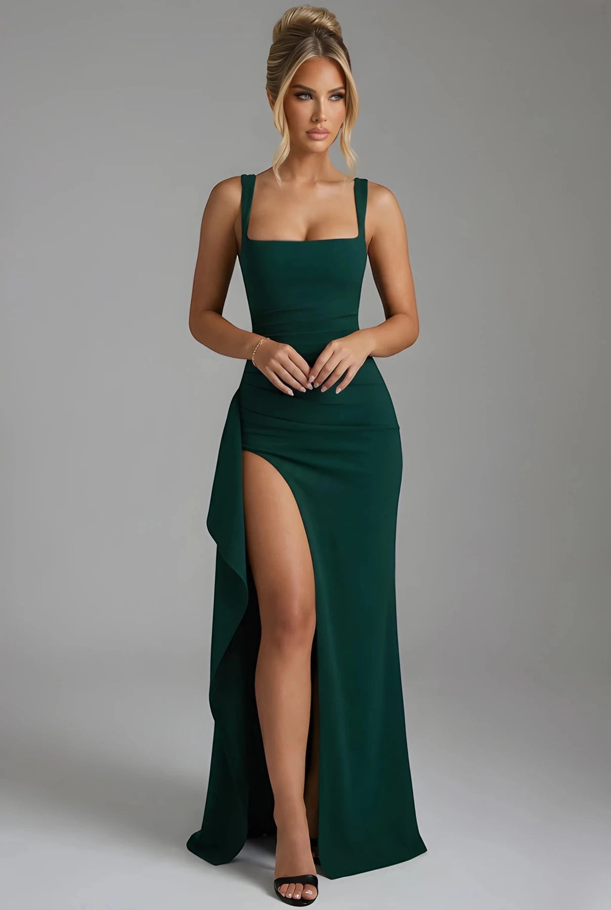 Vestido de Invitada de Boda Largo Elegante con Abertura y Fruncido