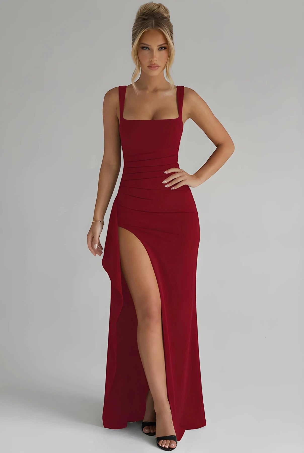 Vestido de Invitada de Boda Largo Elegante con Abertura y Fruncido