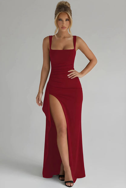 Vestido de Invitada de Boda Largo Elegante con Abertura y Fruncido
