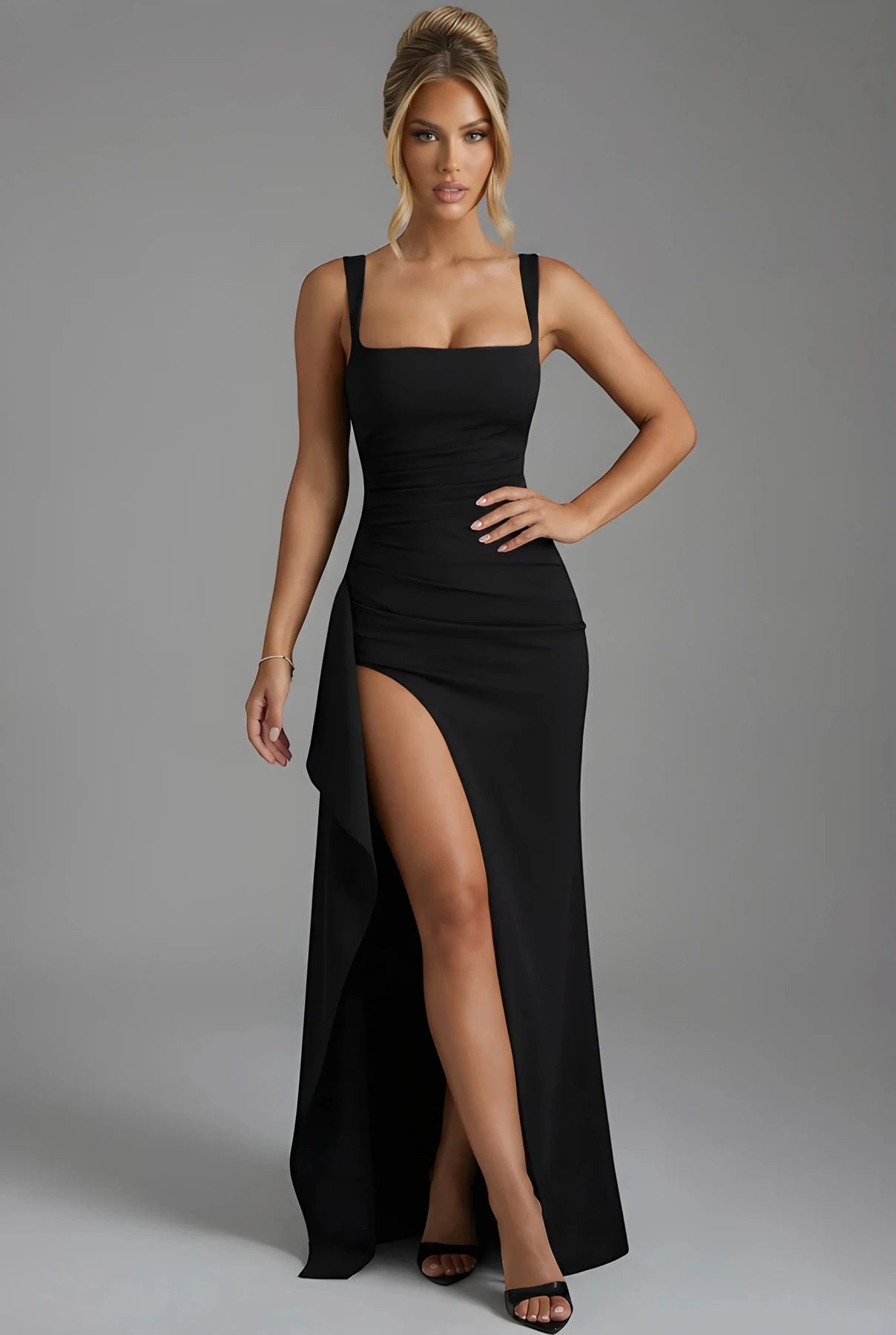 Vestido de Invitada de Boda Largo Elegante con Abertura y Fruncido