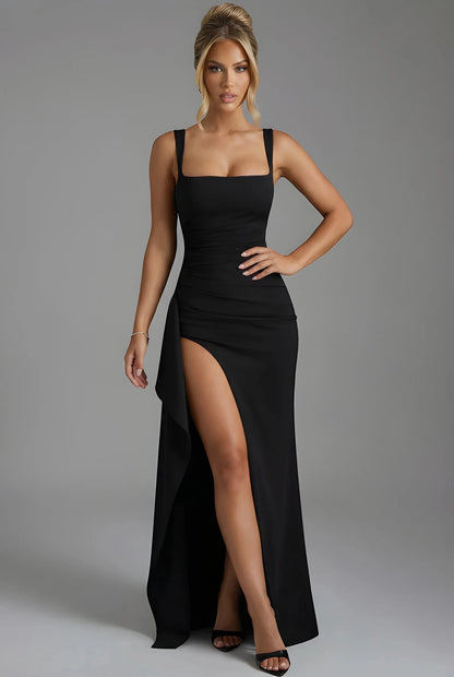 Vestido de Invitada de Boda Largo Elegante con Abertura y Fruncido