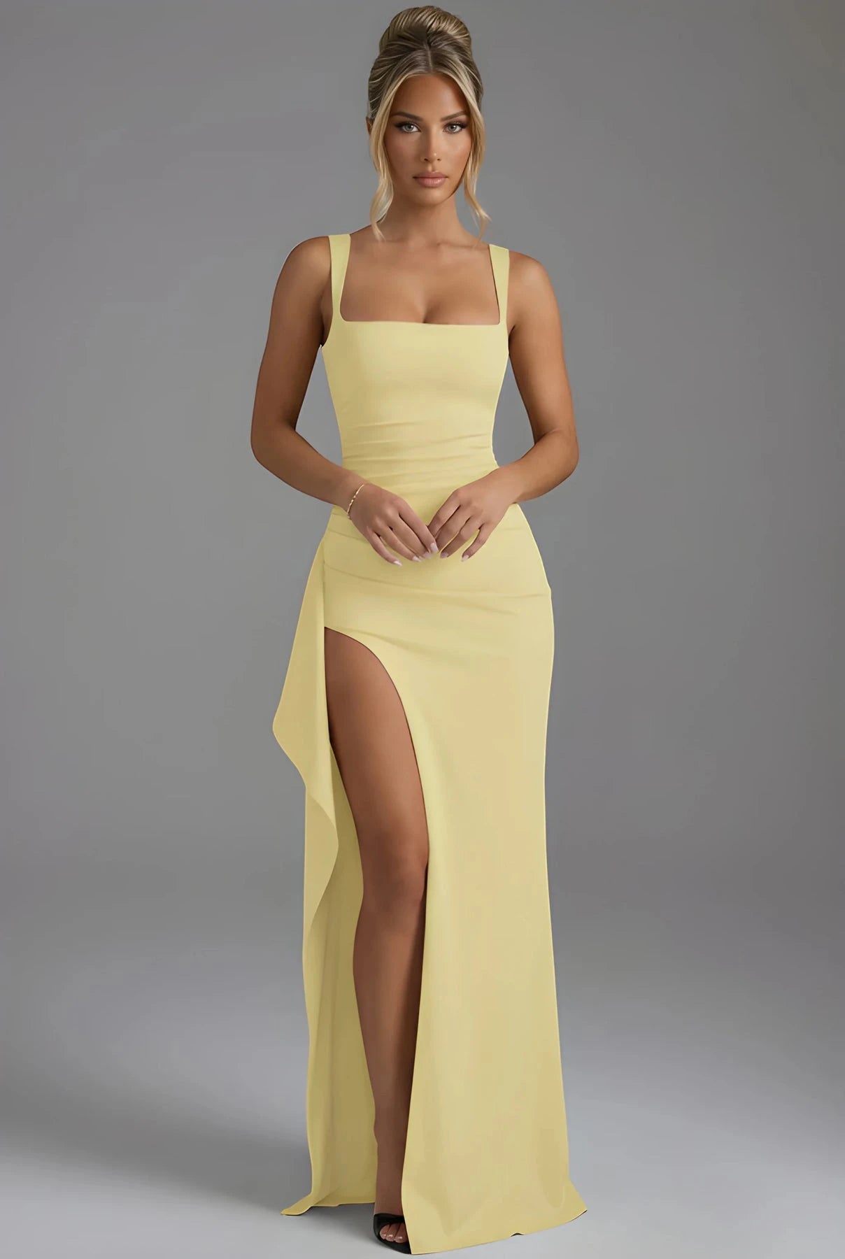 Vestido de Invitada de Boda Largo Elegante con Abertura y Fruncido