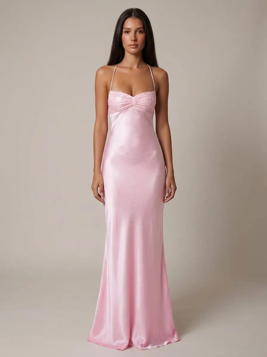 Vestido de Invitada de Boda Largo Elegante con Cuello Halter
