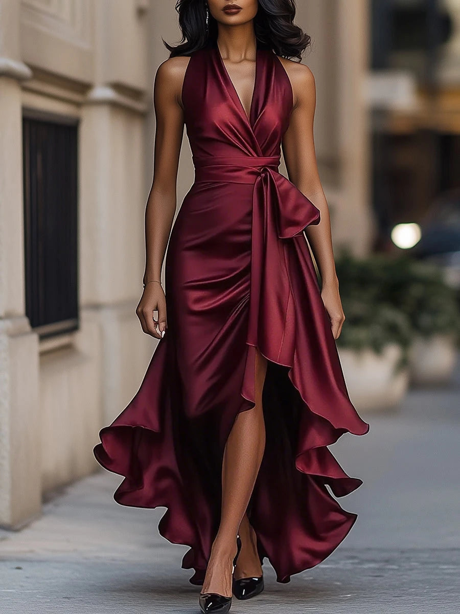 Vestido de Invitada de Boda Largo Elegante con Cuello Halter