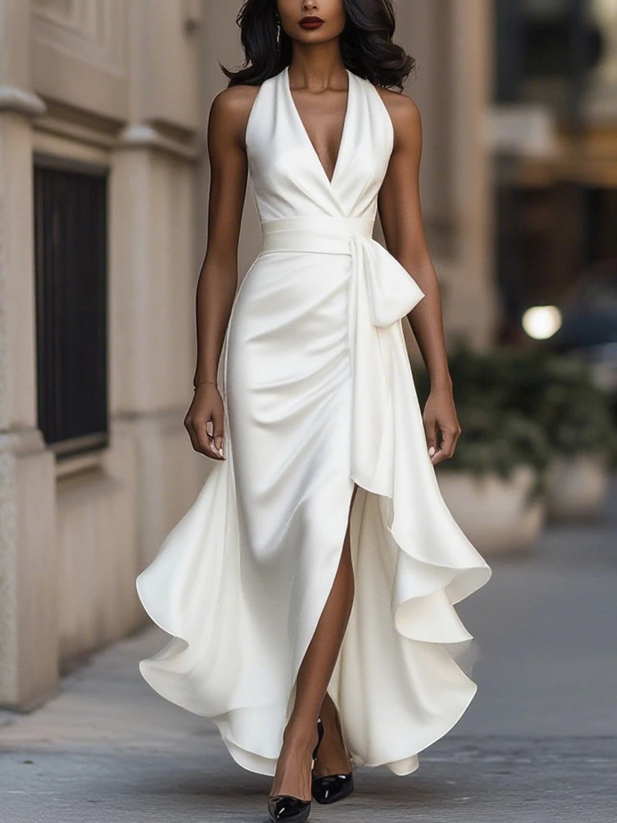 Vestido de Invitada de Boda Largo Elegante con Cuello Halter