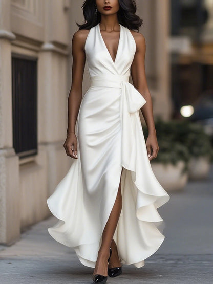 Vestido de Invitada de Boda Largo Elegante con Cuello Halter
