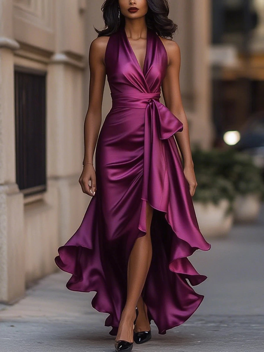 Vestido de Invitada de Boda Largo Elegante con Cuello Halter