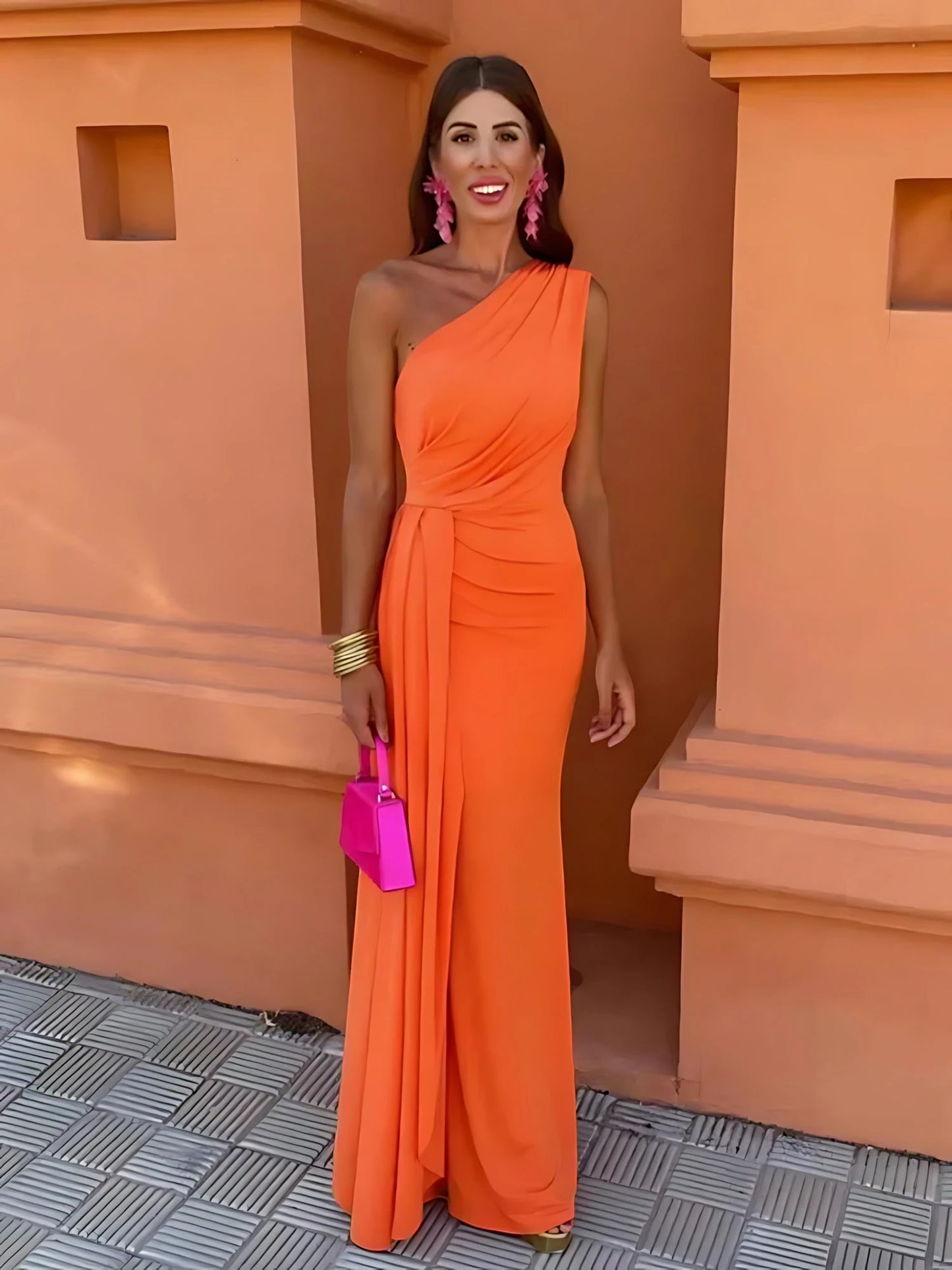 Vestido de Invitada de Boda Largo Elegante con Escote Asimétrico