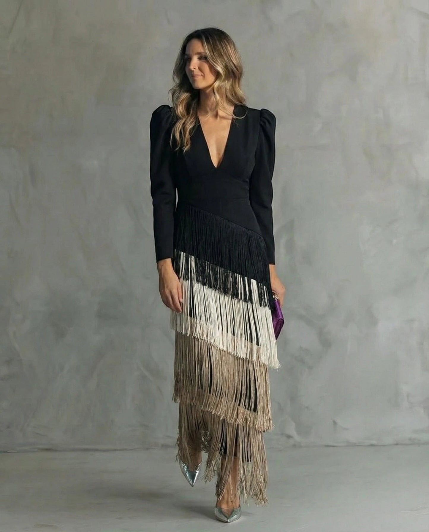 Vestido de Invitada de Boda Largo Elegante con Flecos