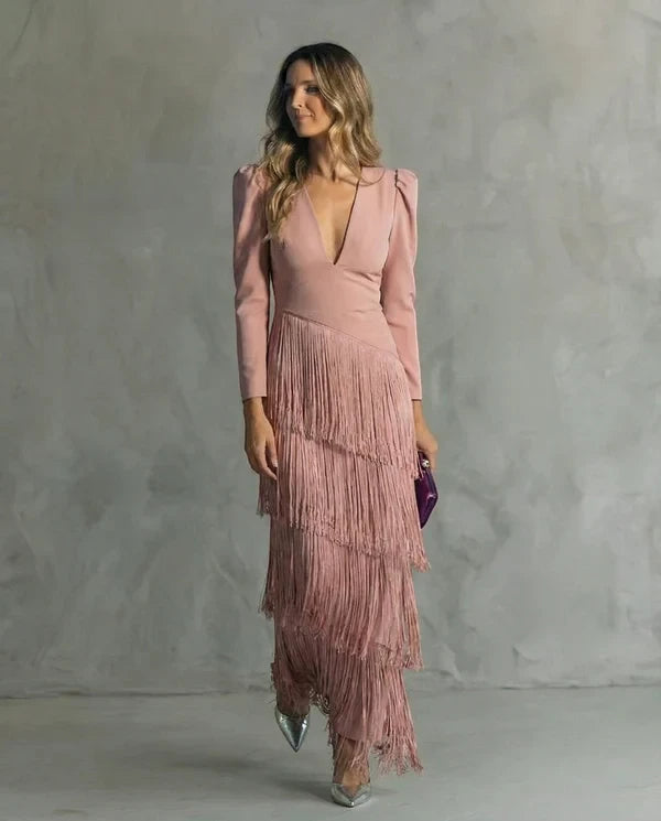Vestido de Invitada de Boda Largo Elegante con Flecos