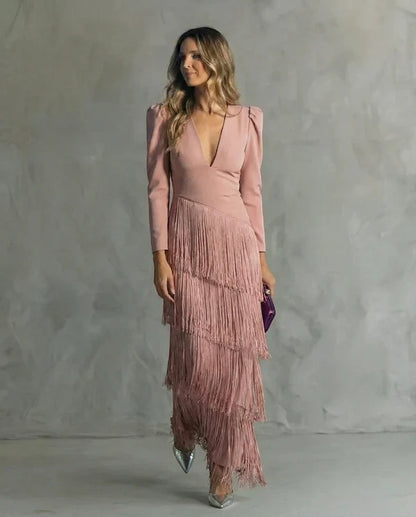 Vestido de Invitada de Boda Largo Elegante con Flecos
