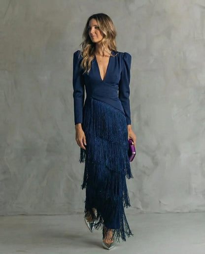 Vestido de Invitada de Boda Largo Elegante con Flecos