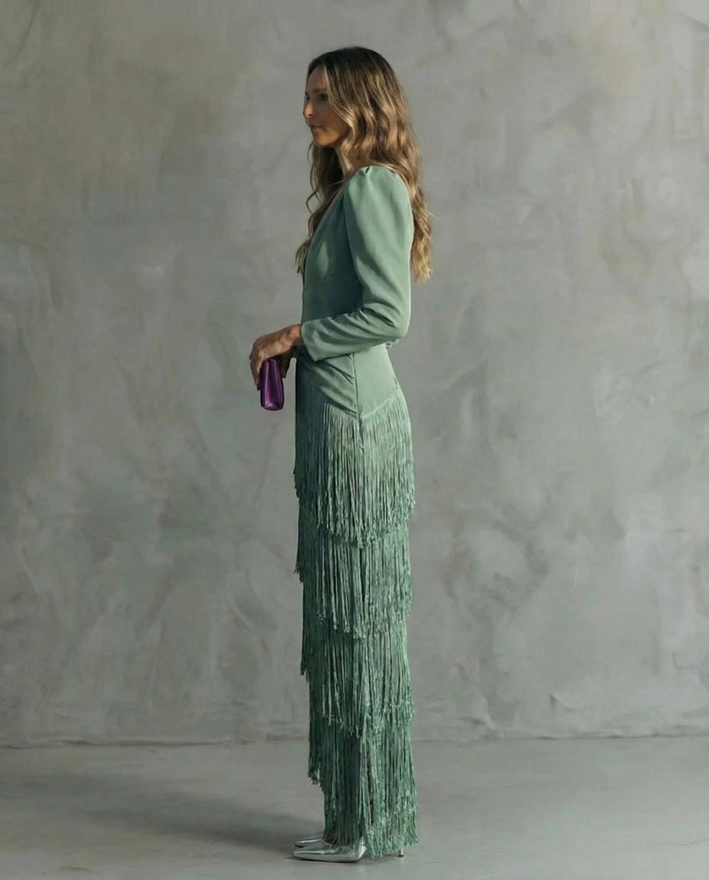 Vestido de Invitada de Boda Largo Elegante con Flecos