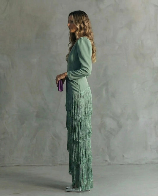 Vestido de Invitada de Boda Largo Elegante con Flecos