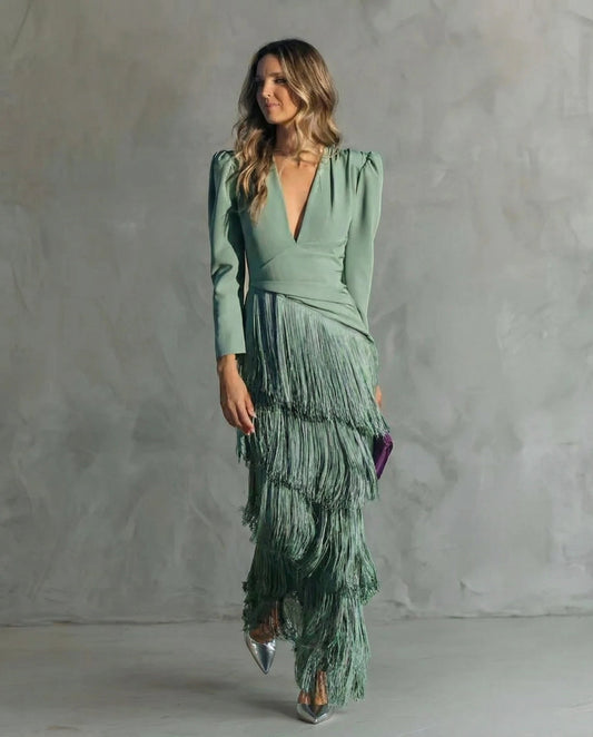 Vestido de Invitada de Boda Largo Elegante con Flecos
