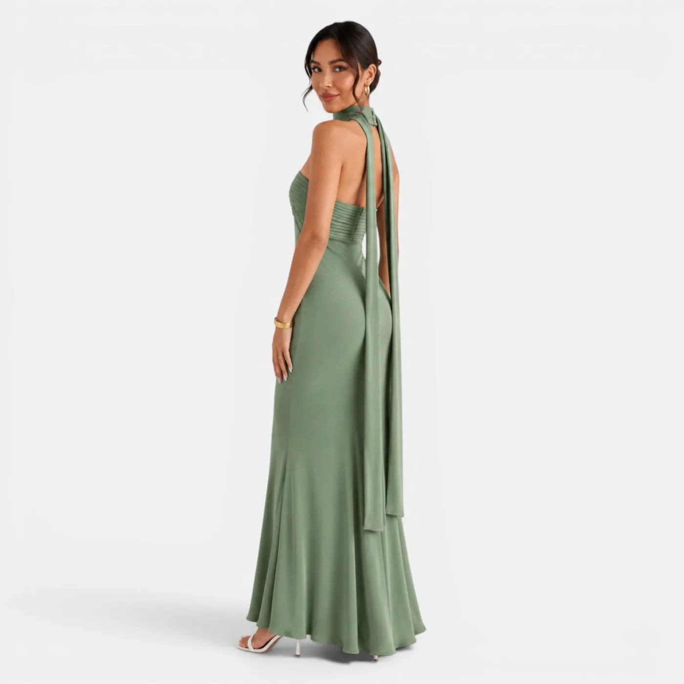 Vestido de Invitada de Boda Largo Elegante con Plisado y Cuello Halter