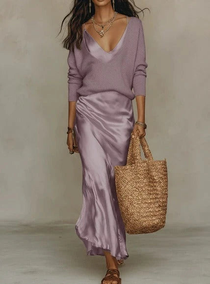 Vestido de Invitada de Boda Largo Elegante con Suéter