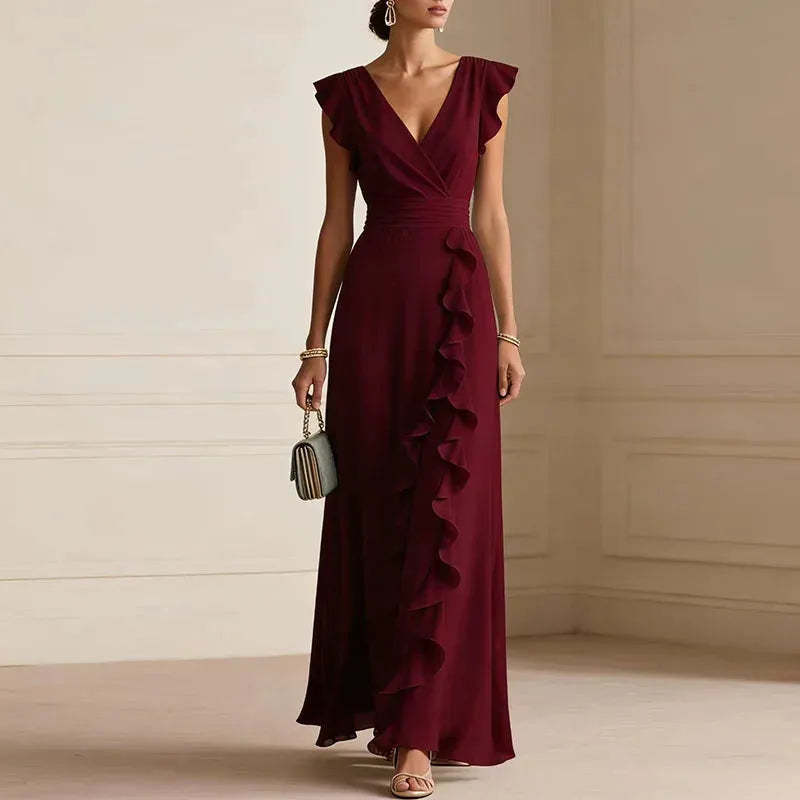 Vestido de Invitada de Boda Largo Elegante con Volantes