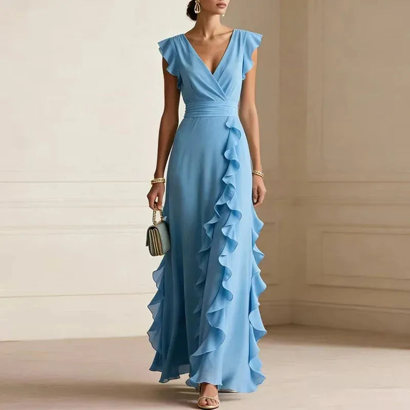 Vestido de Invitada de Boda Largo Elegante con Volantes