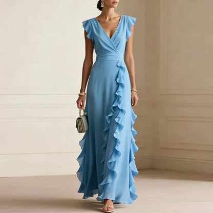 Vestido de Invitada de Boda Largo Elegante con Volantes