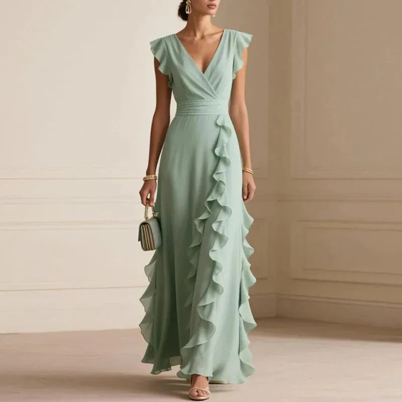 Vestido de Invitada de Boda Largo Elegante con Volantes