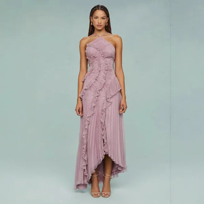 Vestido de Invitada de Boda Largo Elegante con Volantes y Cuello Halter