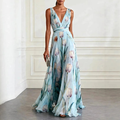 Vestido de Invitada de Boda Largo Elegante de Flores con Cuello Halter