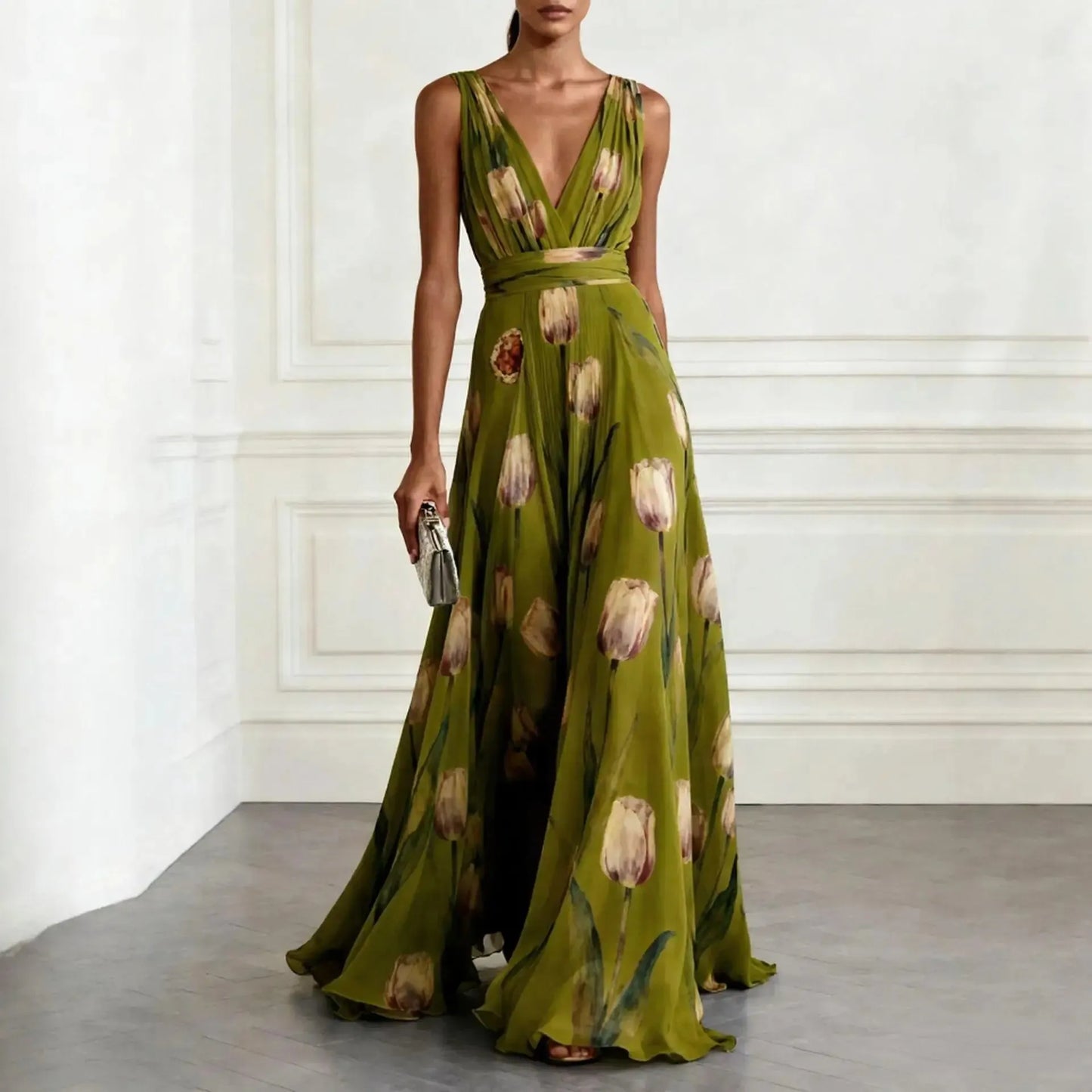 Vestido de Invitada de Boda Largo Elegante de Flores con Cuello Halter