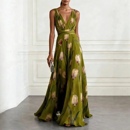 Vestido de Invitada de Boda Largo Elegante de Flores con Cuello Halter